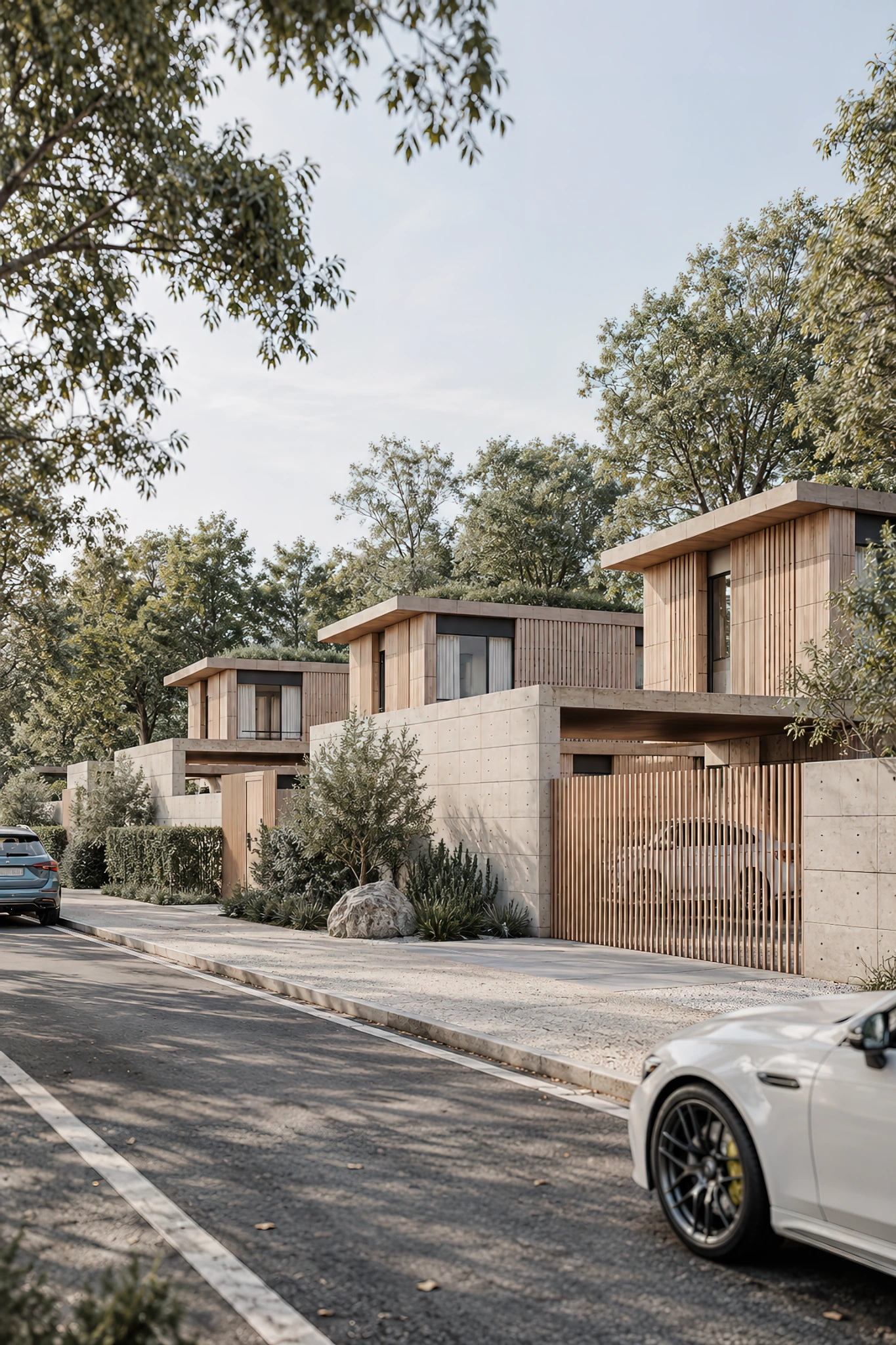 Urbanización de viviendas contemporáneas de madera y hormigón rodeadas de vegetación